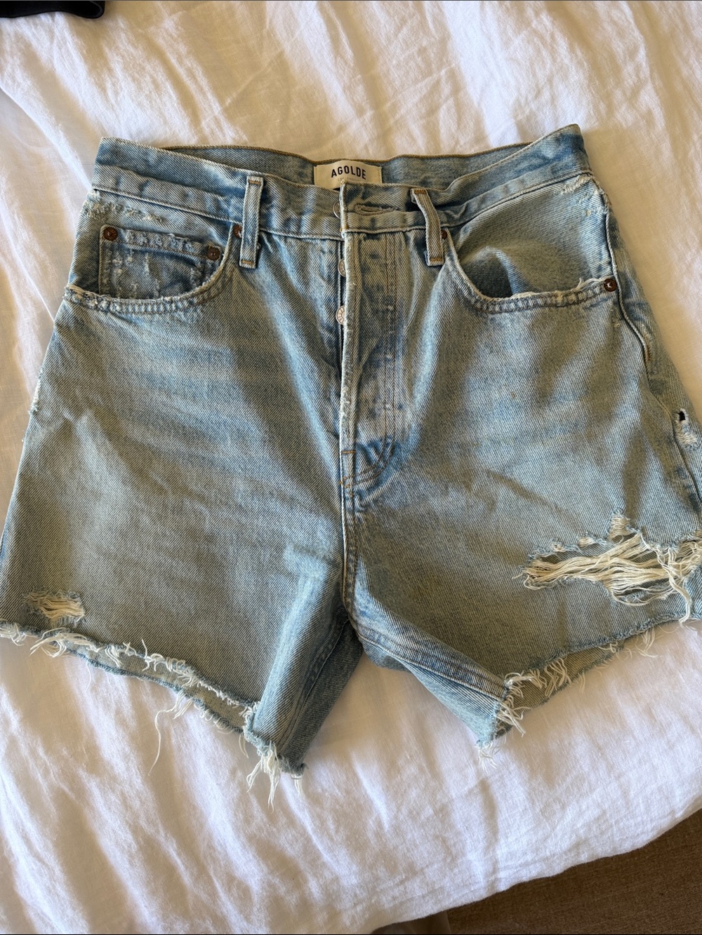 Agolde Faded Light Blue High-Rise Distressed Denim Shorts